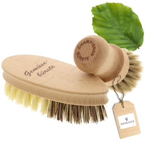 HOFMEISTER® - Juego de cepillos para hongos y vegetales para limpiar suavemente champiñones y verduras, de crin suave, fibra y unión, madera de haya