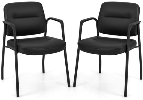 GIANTEX Juego de 2 Sillas Confidentes, Sillas de Reuniones Ergonómicas con Respaldo y Asiento Acolchados de Piel Sintética, Reposabrazos, Capacidad 160 kg, para Oficina, Sala de Espera (Negro)