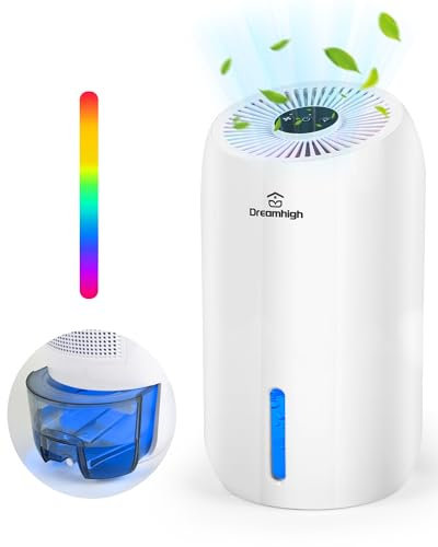 Dreamhigh® 1.6L Deumidificatore Casa, Spegnimento Automatico e Luce LED Colorata, Ultra Silenzioso, Per Max 35㎡, Deumidificatore per Camera da Letto e Armadio-650ML/Giorno