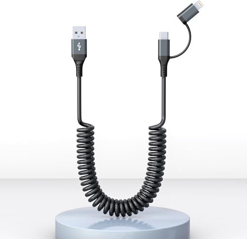 Cavo USB A a USB C e Lightning 2 in 1 per Apple Carplay e Android Auto, Ricarica rapida 3A e dati [Certificato MFi] Cavo a spirale corto USB Lightning, compatibile con iPhone 16/15/14/13/Android
