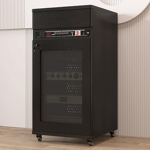 JIAOCKJIAO Phonoschrank, Stereoschrank mit Schublade, Audio Rack Hi Fi Regal mit Kabelloch, Bewegliches Record Player Stand mit Türschloss, mit Verstellbaren Regalen(Nero,52x55x108CM)