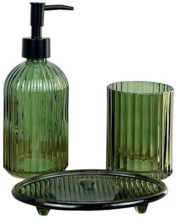 3 Piece Dark Green Ribbed Glass Bathroom Sink Accessories Set Liquid Soap Lotion Dispenser Tumbler/Toothbrush Holder Cup Oval Soap Dish