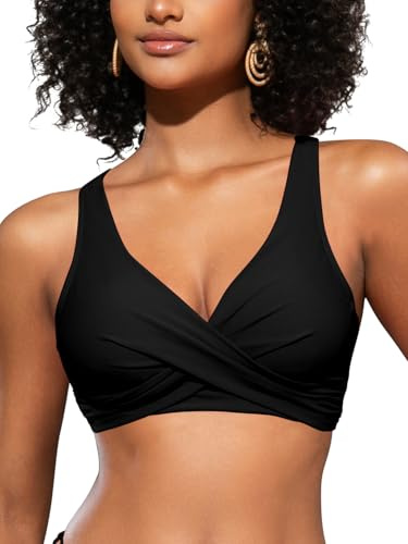 SHEKINI Top bikini da donna con scollo a V incrociato push up grande busto con ferretto top da bagno top da donna top bikini UK solo top, Nero , L