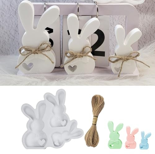 Silikonform Ostern, Silikonformen Gießformen Ostern, 3 Stück DIY Silikonform Kaninchen Osterhase mit 10 m Hanfseil, Silikon Gießformen, Gießform Ostern