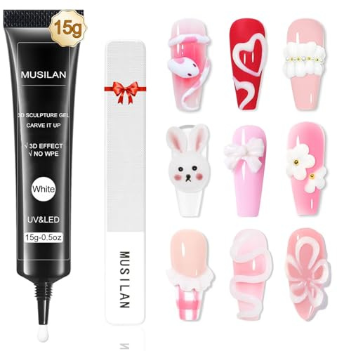 MUSILNA 3D Nail Sculpting Gel Rhinestone Glue avec limes à ongles en Verre - 15g White Multifonctionnel UV Sculpture Colle à Ongles pour Styling Ongles DIY Nail Charms Design Styling dans la Maison