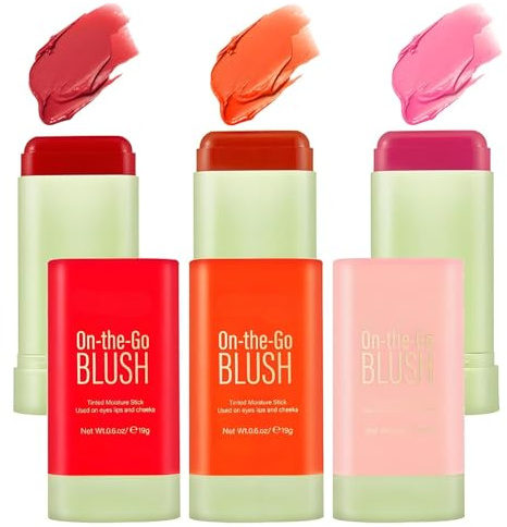 3PCS Blush Stick for Cheeks Lips Eyes Waterproof & Creamy Blusher Long-Lasting & Hydrating Formula Easy to Blend Natural Radiance Portable Makeup Stick, Perfect for Daily & Professional Face Makeup