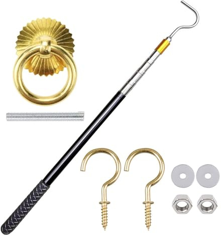 Risparmio di spazio scala attico tirare gancio set presenta barre regolabili da 60 pollici e anelli porta in rame vintage