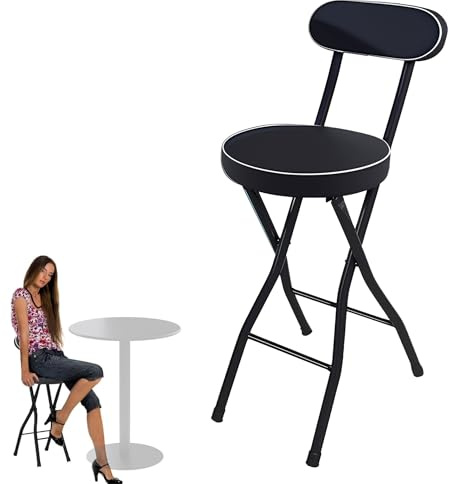 Generico Sgabello da Bar Alto Pieghevole con Schienale per Adulti, Sgabello da Colazione Imbottito In PU da 75 70 65 60 55 cm, Sgabello Pieghevole Ad Altezza Bancone(Nero,60cm (24inch))