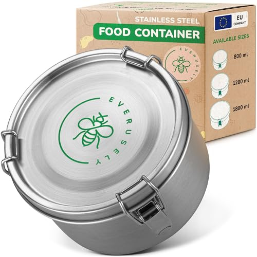 Everusely Edelstahl-Lebensmittelbehälter – 1,2 l Fassungsvermögen – Runde Lunchbox für Kinder und Erwachsene – Auslaufsicherer Snackbehälter mit Deckel – Wiederverwendbarer Organizer
