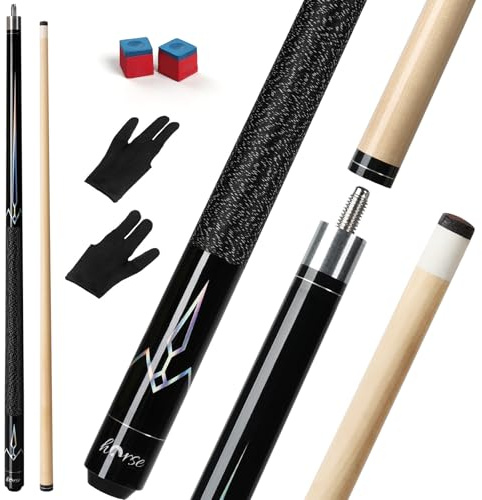 Horse Billardqueue 147cm / 58 Zoll – Pool Cue & Billiard Cue mit 13mm Lederpomeranze, Ahornholz-Schaft, Laser-Gravur Schwarz – Billard Queue für Erwachsene inkl. 2 Handschuhen & 2 Kreiden