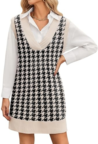 Zeagoo Strickkleid Damen Ärmellos V-Ausschnitt Pullunderkleid Strick Weste Kleid über Bluse Elegant Herbst Winter Outfit Weiches Pulloverkleid Modisches Layering Kleider