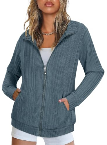 Syphiby Women's Zip Up Cardigan Lightweight Long Sleeve Jackets with Pockets Ladies Casual Sweatshirts Spring Autumn Winter Tunic Clothes S-2XL