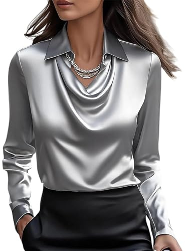 MorFansi Camicia Donna in Raso di Seta con Collo a Cascata Elegante Maniche Lunghe Unita Shirts Classico Tops Bluse (Grigio,XL)
