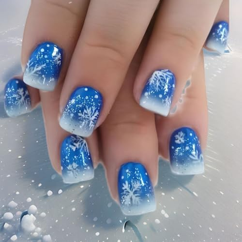 Ceboic 24 Pièces Faux Ongles Français Court Carré, Bleu Gradient Ongles à Coller avec Autocollants Adhesif, Flocon de Neige Blanc Press on Nails, Acrylique Capsules Ongles pour Femme Fille Nail Art