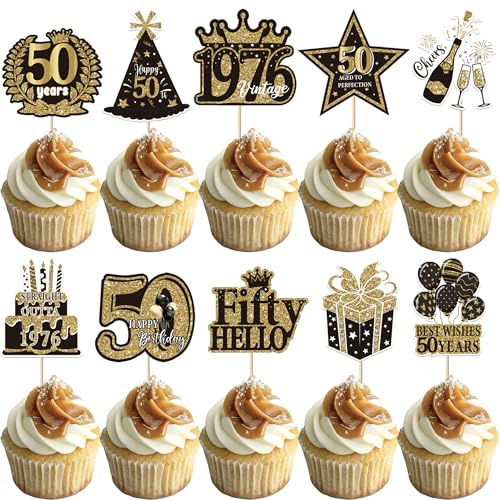 SYKYCTCY 40 Pack Happy 50th Birthday Cupcake Toppers Hello Fifty Cheers to 50 Years Cupcake Picks 50 Fabulous Cupcake Decorations for 50th Birthday Party Cake Decor Supplies