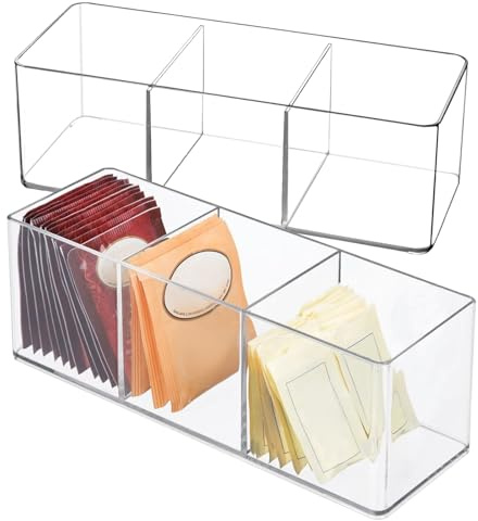 QKNOSM 2 Stück Acryl Teebeutel Aufbewahrungsbox, 3 Fächer Tea Bag Organizer Transparent Teebox Teeboxen Kaffeebeutel Aufbewahrung für Kaffeepads Süßstoffe Zucker Mehr Küche Speisekammern