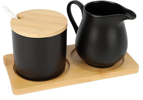 Mjölk- och sockersats, keramisk mjölkkanna och sockerskål med lock och sked, mjölkkanna porslin, gräddkanna med träbricka, gräddkanna mjölkbehållare, mikrovågsugns- och diskmaskinssäker (svart)