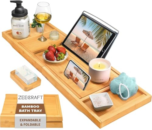 ZEECRAFT Premium Foldable Bathtub Tray - Bamboo Waterproof Bath Tray for tub Caddy - Wooden Holder for Wine, Book, Soap, Phone, Luxury Gift for Men & Women -Expandable, Fits Most Tubs in Bathroom