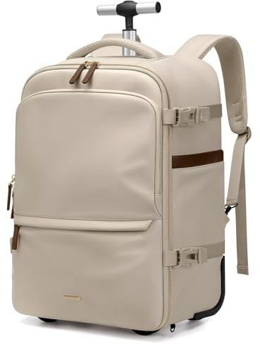Rullande ryggsäck för kvinnor 17 tums konvertibel laptopryggsäck med hjul, 32 L handbagage dagväska vattentålig rullväska för arbete korta resor, Aprikos, 17 Inch, Reseryggsäck