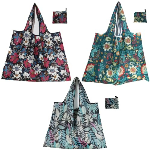 Homelytic 3-Pack Extra Large Foldable Reusable Oxford cloth Shopping Tote Bags - 55 Lbs Capacity, Machine Washable with Inner Pocket, Floral Pattern, 23x16 Inches - Premium Grocery Beach Bags