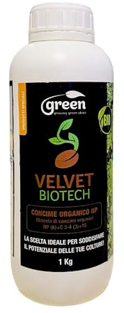 Velvet Biotech concime organico NPK 3‑4‑3 liquido con acidi umici e fulvici 24% 1 L – miscela di concimi organici NPK + carbonio per radici, crescita e qualità frutti.
