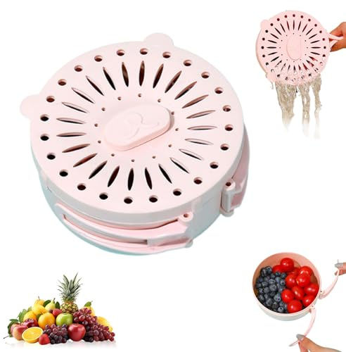 2-in-1 Draining and Preservation Basket, 2026 Multifunctional Fruit and Vegetable Washing Bowl, Fruit Washing Bowl with Strainer & Collapsible Handle, for Refrigerator, Kitchen (Pink)