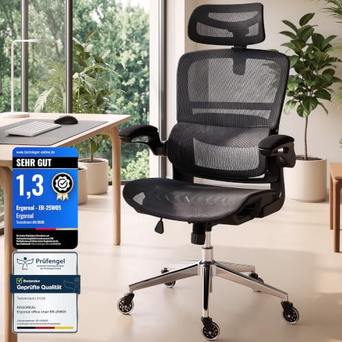 Ergoreal Schreibtischstuhl Ergonomischer Bürostuhl mit 150kg Tragkraft, verstellbaren Armlehnen, dynamischer Lendenstütze, Wippfunktion – Büro&Gaming Stuhl für Homeoffice, atmungsaktives Mesh,Schwarz