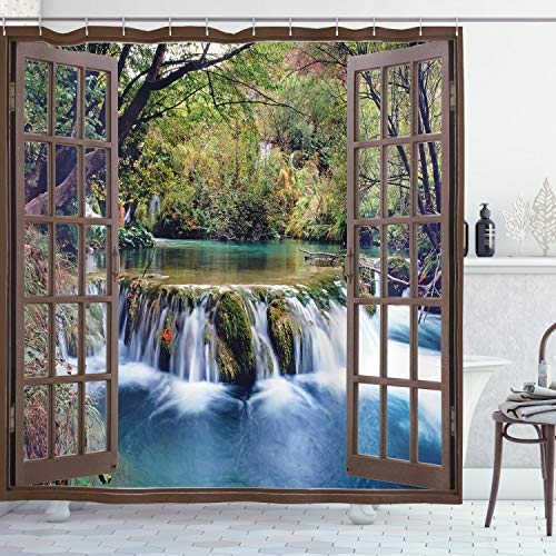 ABAKUHAUS Wasserfall Duschvorhang, Tief unten im Wald, Stoffliches Gewebe Badezimmerdekorationsset mit Haken, 175 x 180 cm, Taupe Grün Blau