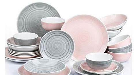 Waterside Fine China 24 Piece Pink & Grey Spin Wash Dinner Set