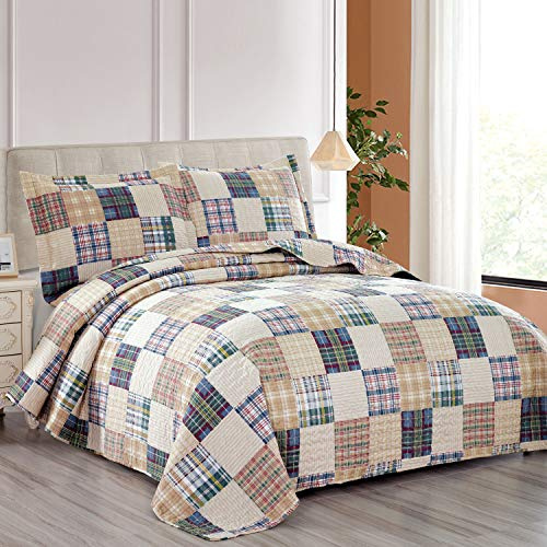 Hailea Beige Plaid Quilt Set King Size Country Patchwork Bedding Quilt Lightweight Reversible Bedspread Coverlet with Sham Soft All Season Bed Coverlet Set