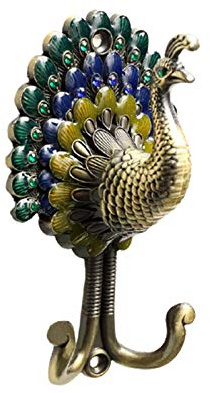 Pfauen-Kleiderhaken, antiker Kleiderhaken, Vintage-Dekor, 13 cm, Pfauenhaken mit 2 Haken, robuster Vintage-Kleiderbügel, kunstvolle Wanddekoration für Hüte, Kleidung, Handtücher, Taschen
