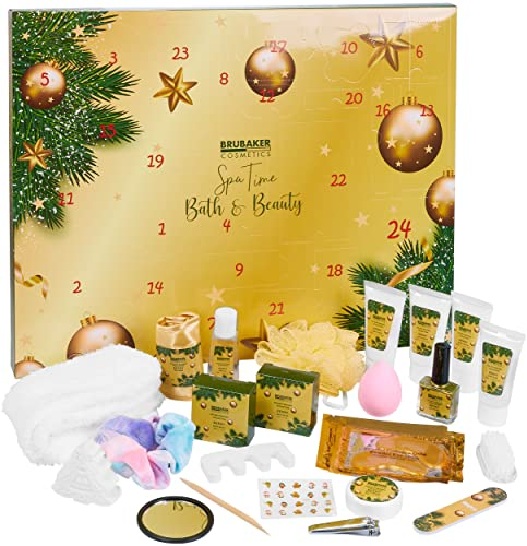 BRUBAKER Cosmetics Beauty Adventskalender 2025 - der XXL Wellness Weihnachtskalender für Frauen und Mädchen - 24 x Körperpflege Produkte & Spa Accessoires - Gold