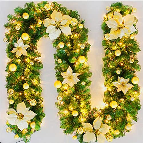 Tannengirlande Weihnachtsgirlande mit Beleuchtung, Girlande Weihnachten Beleuchtet Echt Aussehend, LED Künstliche Tannengirlande, Türgirlande Weihnachten Batterie, Hochwertige Treppengeländer Gold