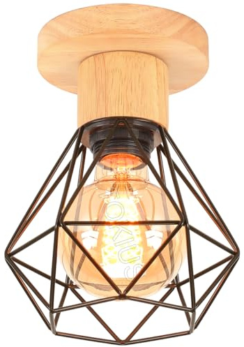 TOKIUS Deckenlampe, 16CM Vintage Deckenleuchte im Industrial Design Retro E27 Lampe aus Holz Eisen Käfig Pendelleuchte Schwarz (1 Stück)