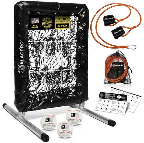 ALAGPRO® Pocket Pitching Net 9 Hole Pitching Target Strike Zone for Baseball & Softball Pitchers - Pro Pitching Aid for Improve Accuracy - Included Resistance Band + 3 Weighted Practice Balls