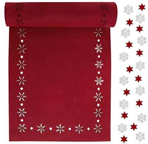 100x30 cm Filz Tischläufer + 24* Streudeko Schneeflocken Sterne Tischband Tisch Filzläufer als Dekoration Weihnachten Winter Weihnachtstischläufer (Schneeflocken (rot))