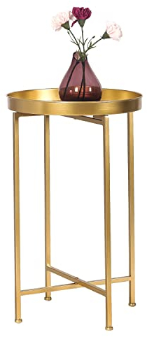 Adeco Runder Beistelltisch, Metall, zusammenklappbar, kleiner Nachttisch, Nachttisch mit abnehmbarem Tablett, für Wohnzimmer, Schlafzimmer, Büro (Gold)
