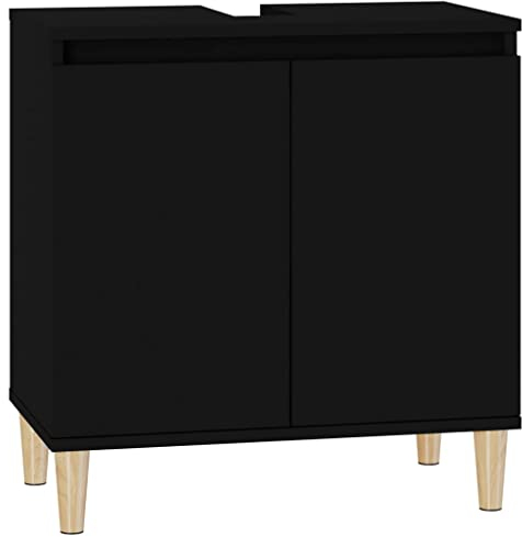 vidaXL Meuble d'Évier, Armoire de Lavabo avec Compartiment et Pieds, Meuble sous Lavabo avec Portes Salle de Bain, Scandinave, Noir Bois d'Ingénierie