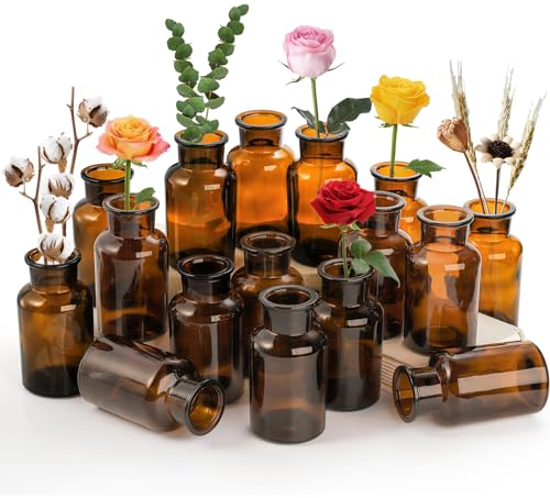 TOPZEA Set of 16 Amber Glass Vases, Small Boho Bud Vase Bulk Decorative Brown Glass Medicine Bottles Vintage Apothecary Jar for Flower, Living Room, Wedding Centerpieces, Dinning Table, Home Decor