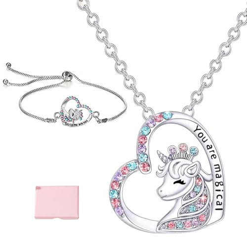 2 Stück Einhorn Herz Halskette Kit, Einhorn Geschenke mit Armbänder und Geschenkbox, Schmuck für Mädchen Mütter Tochter Enkelin Nichte