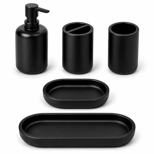 CeleBig® Badezimmer Set 5-teilig | Badezimmer Organizer | Bad Accessoires | Seifenspender Set aus Harz | Zahnputzbecher | Seifenhalter | Becher | Schale | Schwarz