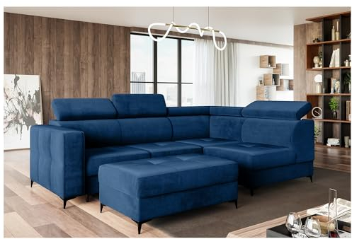 MEBLINI Schlafcouch mit Bettkasten - Ecksofa mit Schlaffunktion - Sofa mit Relaxfunktion und Kopfstützen - Couch L-Form - Eckcouch - Wohnlandschaft - Dorian - 263x232x89cm Rechts - Blau Samt