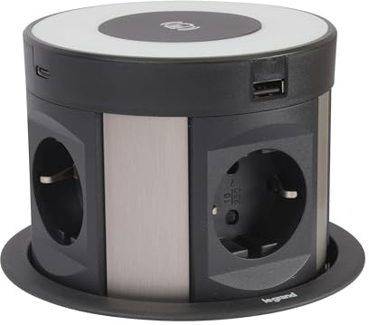 LEGRAND, Incara Tower 120, Einbausteckdose mit Lift-System, Multi-Tischsteckdose, 1x Wireless Charger, 4x USB (A+C), 4x Steckdose, 2P+E Stecker, Einbautiefe: 181,7mm, 250 V, Aluminium/Schwarz, 654983