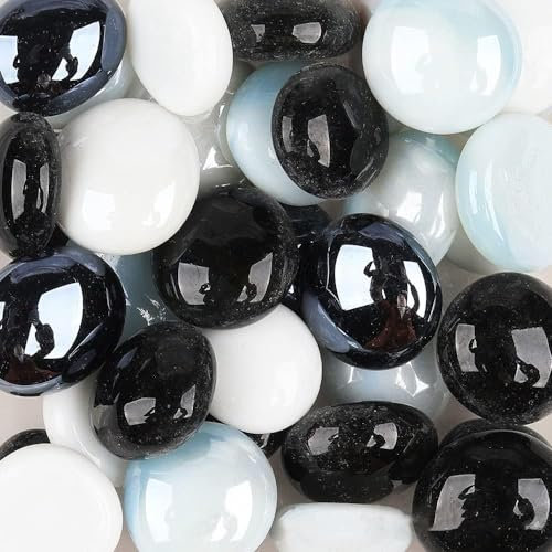 200g Galets de Verre,Cailloux de Verre,Pierres et Galets en Verre,Carreaux de mosaïque en verre pour Le Remplissage de Vase Artisanal d’Art décoratif à la Maison, Mélange Noir Blanc