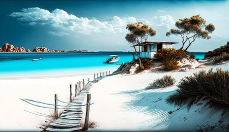 Holz-Bild 140 x 80 cm: Panorama eines wunderschönen Strandes mit weißem Sand und türkisfarbenem Wasser. Festlicher Sommerstrandhintergrund. (200454671)