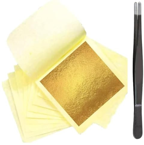 dshyuauoci 100 Pezzi Foglia Oro con Un Paio di Pinzette, Oro 24K Vero Foglia Oro Decorazione 14X13.5 CM Decorazioni per Torte Uso per Decorare Torte Vino Gelati Uso in Cucina