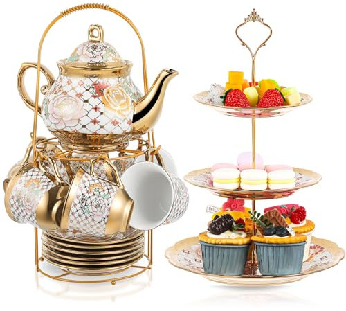 Maxcheck 21 Pcs Porcelain Tea Set for Women Tea Party with Metal Holder and 3 Tier Cake Stand Ceramic European Floral Teapot Set for Adults Mother's Day Christmas Thoughtful Gift(Stylish Style)