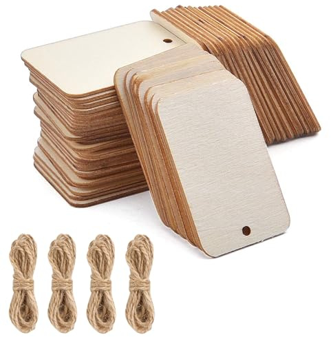 Holz Etiketten Rechteckige, 100pcs Anhänger, Holz Geschenkanhänger, mit 4 Jute Schnur, unbehandelte Scheiben mit Loch, für DIY Kunsthandwerk Hochzeit Weihnachten