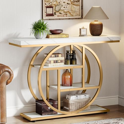 Tribesigns Tavolo consolle da 104,1 cm, tavolo industriale a 4 livelli con base circolare, tavoli decorativi in legno stretto con ripiani portaoggetti per soggiorno, corridoio, ingresso