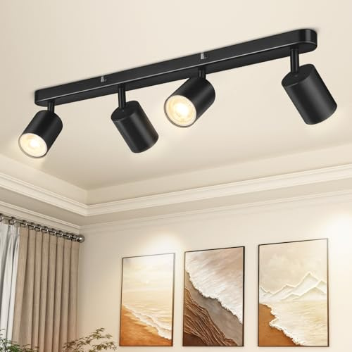 Spot Lights Ceiling, 4 Way Spotlight Ceiling Lights, Adjustable LED Ceiling Spotlight Bar with GU10 Socket, Black Light Fittings Indoor for Kitchen, Bedroom, Hallway, Living Room (Bulbs Not Included)